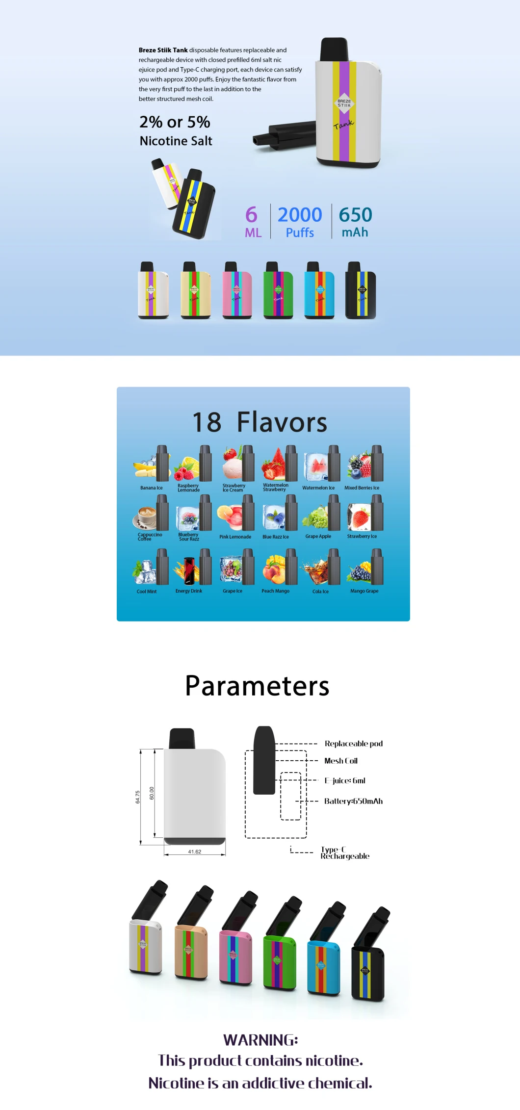 Wholesale E Cigarettes Disposable Vape Breze Stiik Tank 2000puffs with 18 Colors 650mAh 6ml Vape Vs Infinity Vape